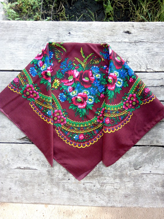 Brown woolen shawl floral woolen pattern Vintage … - image 2
