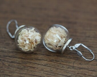 vintage earrings / CLOVER / glass balls with real dried white clover flowers