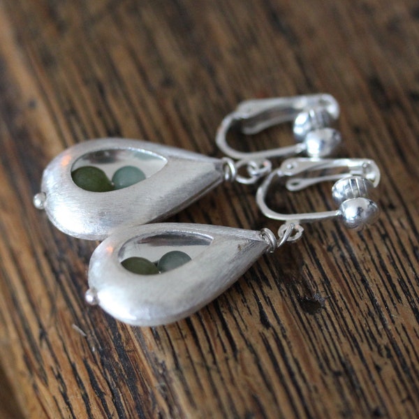 silver-plated clip-on earrings with green semi-precious stones