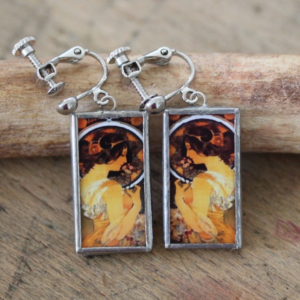 enchanting glass clip-on earrings Art Nouveau Alfons Mucha