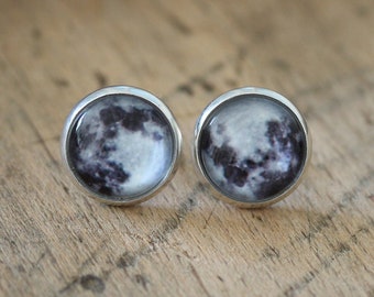 vintage silver glass ear studs MOON / size 12 mm