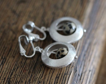 Silver-plated clip-on earrings with dalmatian jasper