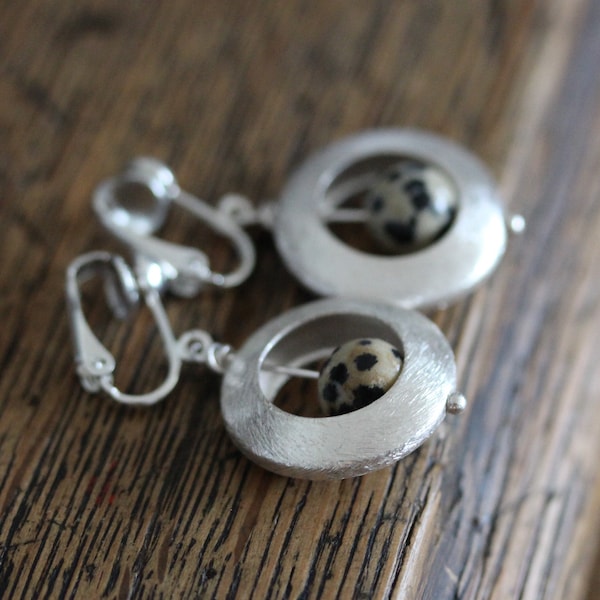 Silver-plated clip-on earrings with dalmatian jasper