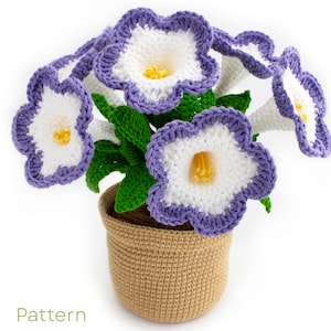 May include: A crocheted flower bouquet in a brown pot. The flowers are white with purple edges and yellow centers. The leaves are green.