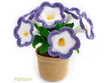 Crochet Petunia Pattern, Crochet Pot with Flowers PDF Pattern, Home Decor Pattern