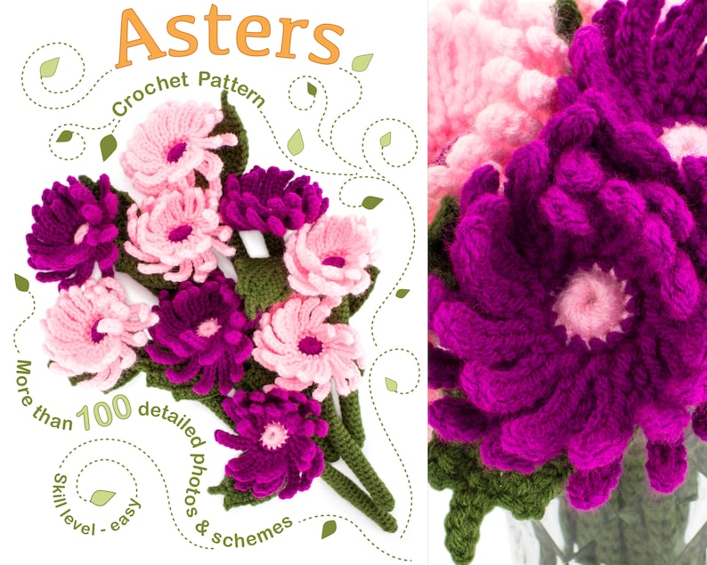 Crochet Asters Pattern, Crochet Flowers PDF Pattern, Home Decor image 2