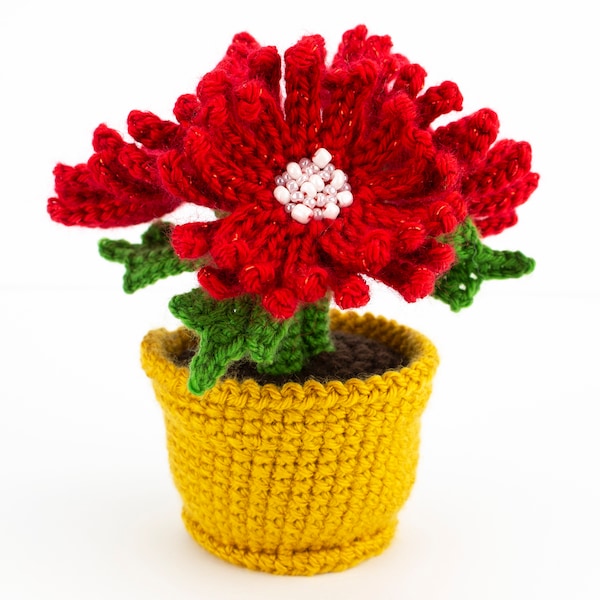 Crochet Red Asters with Beads, Crochet Pot with Flowers, Home Decor, Birthday Gift for Women