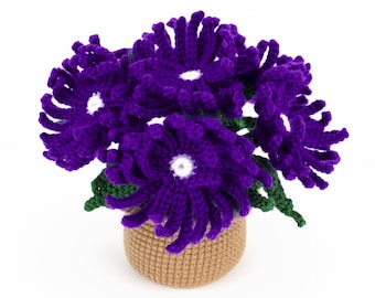 Crochet Pot with Purple Asters, Home Decor, Birthday Gift for Mom