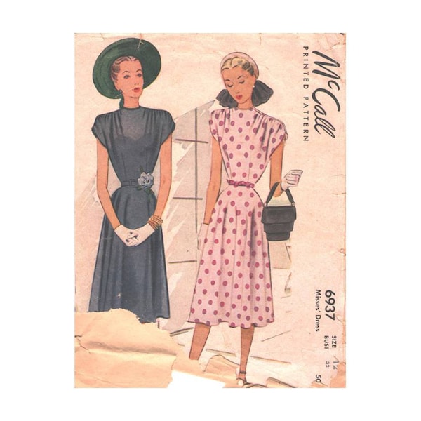 1940s McCall 6937 Misses Dress Vintage Pattern Size 12 Missing 1 Shoulder Pad Piece