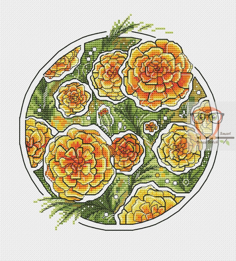 Marigold Cross Stitch Floral Pattern Round Cross Stitch | Etsy