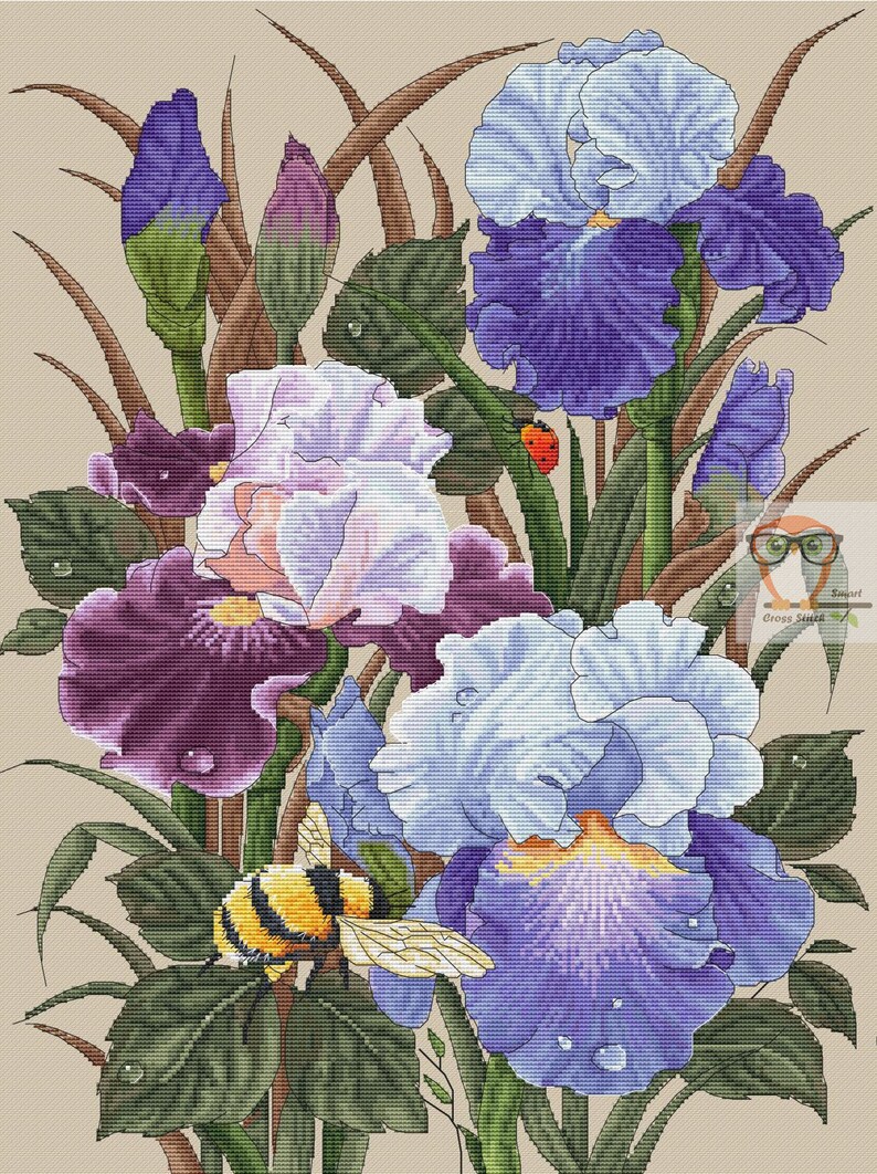 IRIS Cross Stitch Pattern Botanical Art Purple Floral Design Etsy