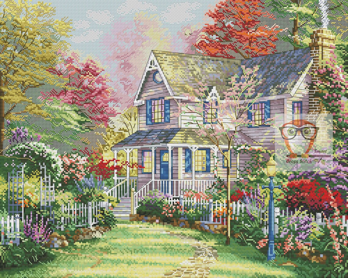 Thomas Kinkade cross stitch pattern autumn cottage cross Etsy