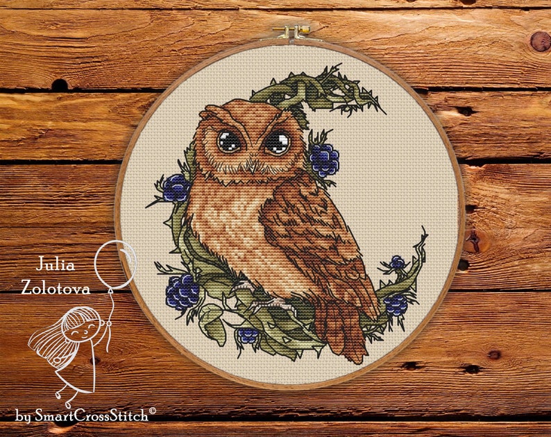 Owl cross stitch forest pattern Round cross stitch owl Etsy