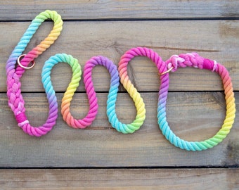 SNOWCONE: Rainbow Rope Slip Leash, Cotton Rope, Colorful, MultiColor Dog Lead, Loop Leash, Pet Leash, Ombre Rope Leash, Gift for Dog Lover