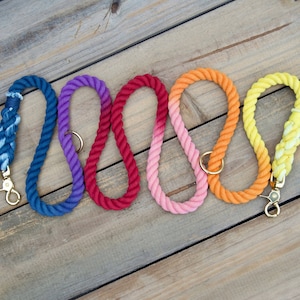 Peut inclure: Six laisses pour chien en corde colorées avec des fermoirs en métal doré. Les laisses sont teintes en dégradé avec un dégradé de couleur du foncé au clair. Les couleurs sont indigo, violet, rouge, rose, orange et jaune.