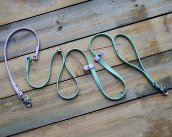 Puede incluir: Tres correas de cuero para perros en diferentes colores: morado claro, verde claro y verde oscuro. Las correas están dispuestas en un patrón decorativo sobre una superficie de madera.