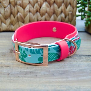 Monstera: Double Layer Printed Biothane Dog Collar 1&quot; Inch and 1.5&quot; Inch Width, leaf Waterproof Adjustable Durable Easy to Clean, Pink Teal