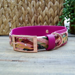Pink Leaves: Double Layer Printed Biothane Dog Collar 1&quot; Inch 1.5&quot; Inch Width Tropical, Palm Waterproof, Adjustable, Durable Easy to Clean