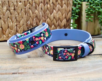 Wildflower: Double Layer Printed Biothane Dog Collar 1" Inch and 1.5" Inch Width, Waterproof Floral Flowers Adjustable Durable Easy to Clean