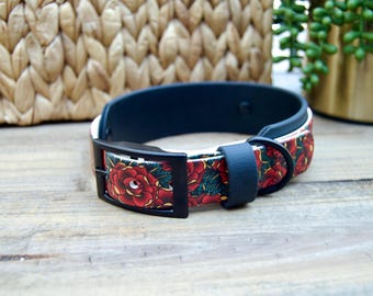 Roses: Double Layer Printed Biothane Dog Collar 1" Inch and 1.5" Inch Width, Red Black Floral Waterproof, Adjustable Durable Easy to Clean