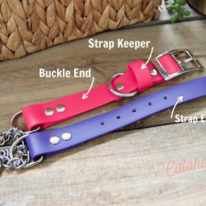Pu&ograve; includere: Due collari per cani, uno rosa e uno viola, con accessori argentati. Il collare rosa ha una fibbia e un fermo per il cinturino. Il collare viola ha un'estremit&agrave; del cinturino e un attacco a catena. I collari sono su una superficie di legno.