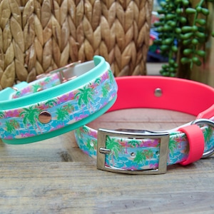 Palm: Double Layer Printed Biothane Dog Collar 1&quot; Inch and 1.5&quot; Inch Width Teal, Beach Tropical Waterproof Adjustable Durable Easy to Clean