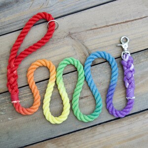 May include: A rainbow colored rope dog leash with a silver clip. The leash is made of thick, braided rope and is about 4 feet long.