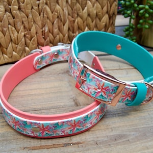Island: Double Layer Printed Biothane Dog Collar 1&quot; Inch and 1.5&quot; Inch Width Beach, Floral, Teal Waterproof Adjustable Durable Easy to Clean
