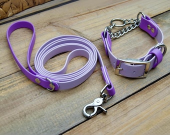 May include: A purple leather dog collar and leash set with silver hardware. The collar has a buckle closure and the leash has a clip.