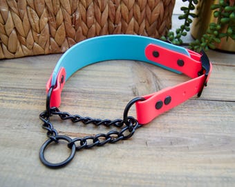 Premade: 18.5-21 Inch Baby Blue and Hot Pink Adjustable Chain Martingale Biothane Collar