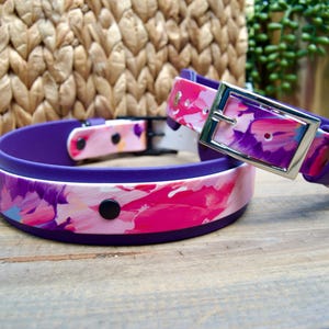 Pink Paint: Double Layer Printed Biothane Dog Collar 1&quot; Inch and 1.5&quot; Inch Width Purple, abstract, Waterproof Adjustable Durable Easy Clean