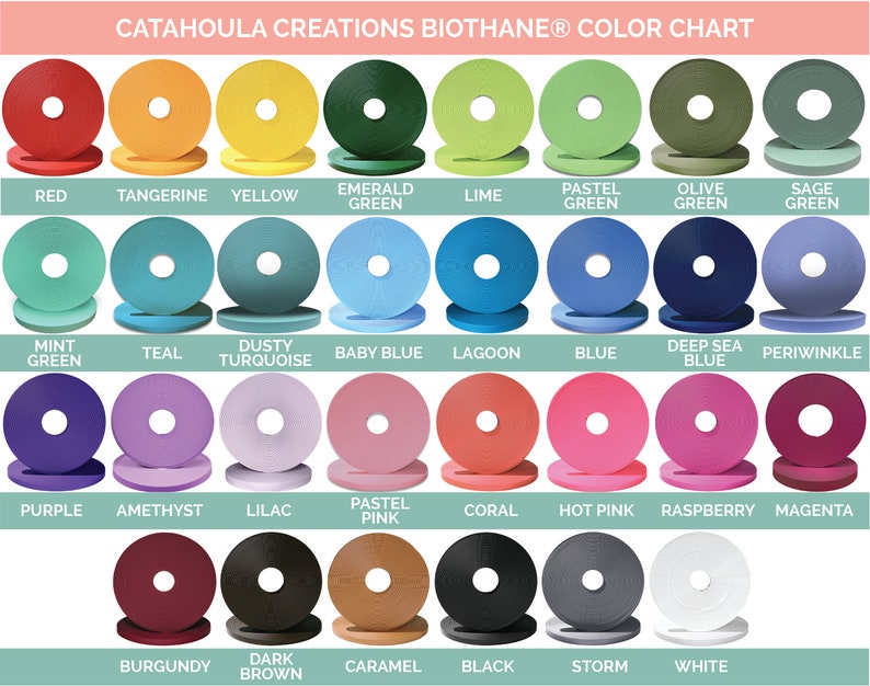 May include: Color chart from Catahoula Creations featuring Biothane&reg; in various colors. The chart displays samples of red, yellow, green, blue, purple, pink, brown, black, and white. Each color is labeled with its name, such as "Red", "Tangerine", and "Magenta".
