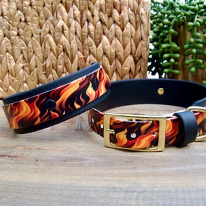 May include: Two dog collars with a flame design. The collars have a black base with a pattern of orange, yellow, and red flames. One collar is open, and the other is closed. Both have gold-colored buckles.