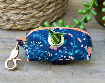 WILLOW: Navy, Orange,  Floral Dog Bag Holder, Spring Dog Poop Bag Holder, Dog Waste Bag Holder, Poop Bag Dispenser