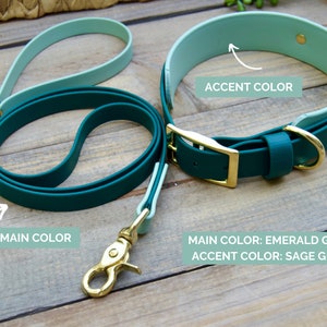 May include: Emerald green and sage green dog collar and leash set. The collar has a gold-colored buckle and D-ring. The leash has a matching gold-colored clasp. The set is made of a durable material.