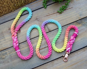 SNOWCONE: Rainbow Rope Leash, Cotton Rope, Colorful, Pink Dog Lead, Hot Pink Dog Leash, Gift for dog lover, bright dog leash, Dog Owner