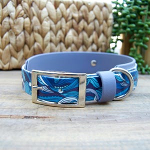 Waves: Double Layer Printed Biothane Dog Collar 1&quot; Inch and 1.5&quot; Inch Width, Ocean, Sea, Blue Waterproof, Adjustable Durable Easy to Clean