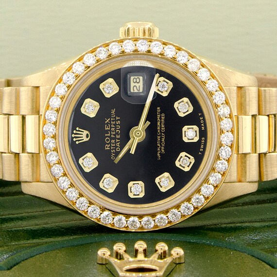 ladies 18k gold rolex datejust president diamond watch