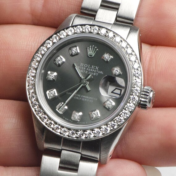 Rolex Datejust Ladies 26mm Steel Oyster Watch W Black Raven Etsy