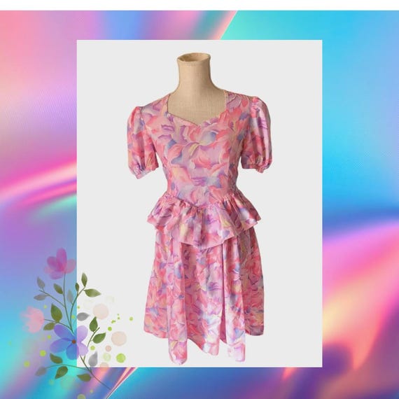 Vintage Pastel Pretty Dress, Peplum, Costume, Small, Handmade, 90s Pastel