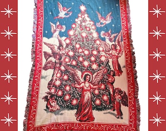 Vintage Christmas angels and tree tapestry blanket, throw, gift ideas, new old stock, Angel Tree, from the 90s