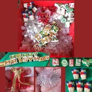 May include: A collection of Christmas decorations, including snowman figurines, lettered blocks spelling "MERRY CHRISTMAS" and "NOEL", and various other festive ornaments in a red bin. The decorations are in various colors.