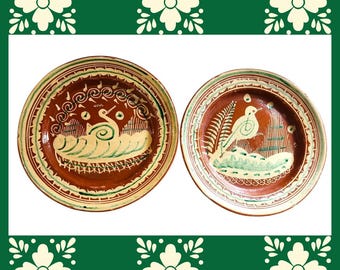 Vintage Tonala folk art plate from Mexico, from the 1960s, handmade in Jalisco, includes 2 collectors plates, pottery, unique, mid century