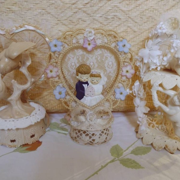 Vintage wedding cake topper, cherubs, birds, bride and groom, heart, from the 60s and 80s, Wilton, Heartline, angels