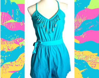 Vintage Beach n Beyond romper from the 80s, beaded fringe, playsuit, by Cole of California, shorts, summer, medium