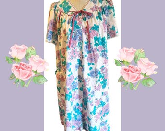 Vintage floral button down house dress, cotton, shabby chic, girly colors, loungewear, nightgown