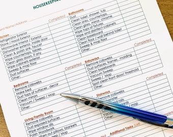 May include: A housekeeping sign-off sheet with a checklist of tasks to be completed in different rooms of a house, including the kitchen, bathrooms, bedrooms, entryways, living room, laundry room, and stairways. The sheet is divided into sections for each room, with a list of tasks to be completed in each section. The sheet is also marked with a blue pen.