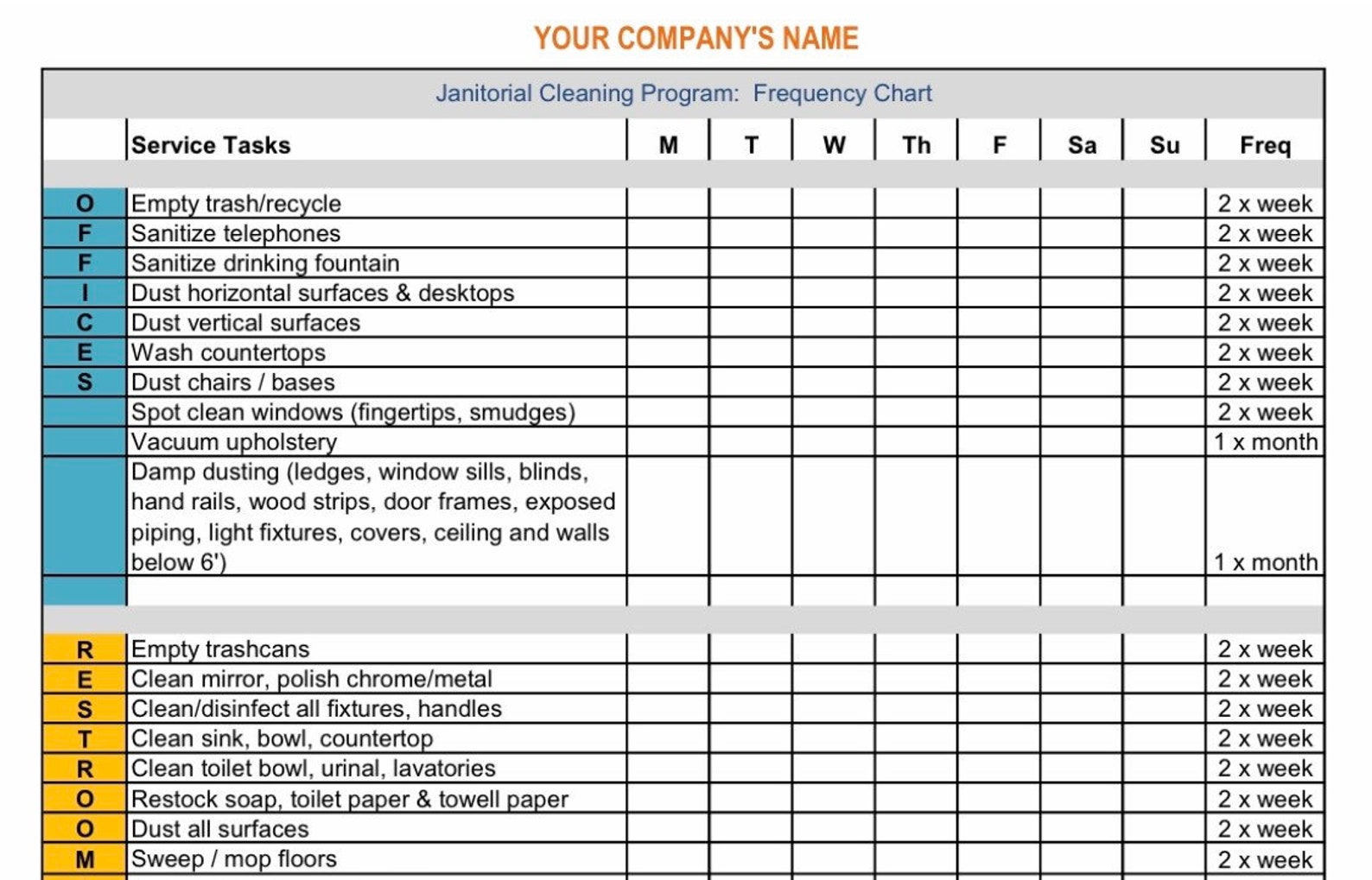Janitorial Cleaning Program Frequency Chart Etsy