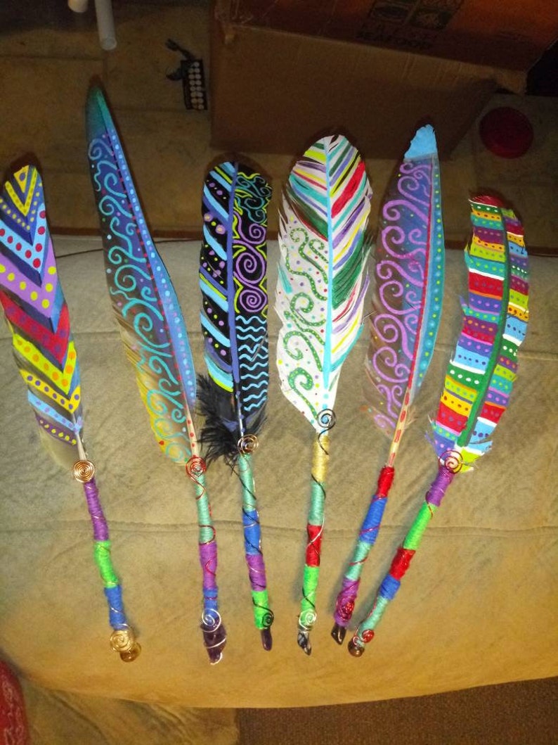 Feather wands cleansing crystal embedded Painted feather wand Etsy