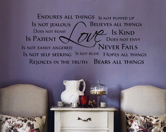 Love is patient Love is kind, Love never fails 1 Corinthians 13 scripture inspirational wall decal